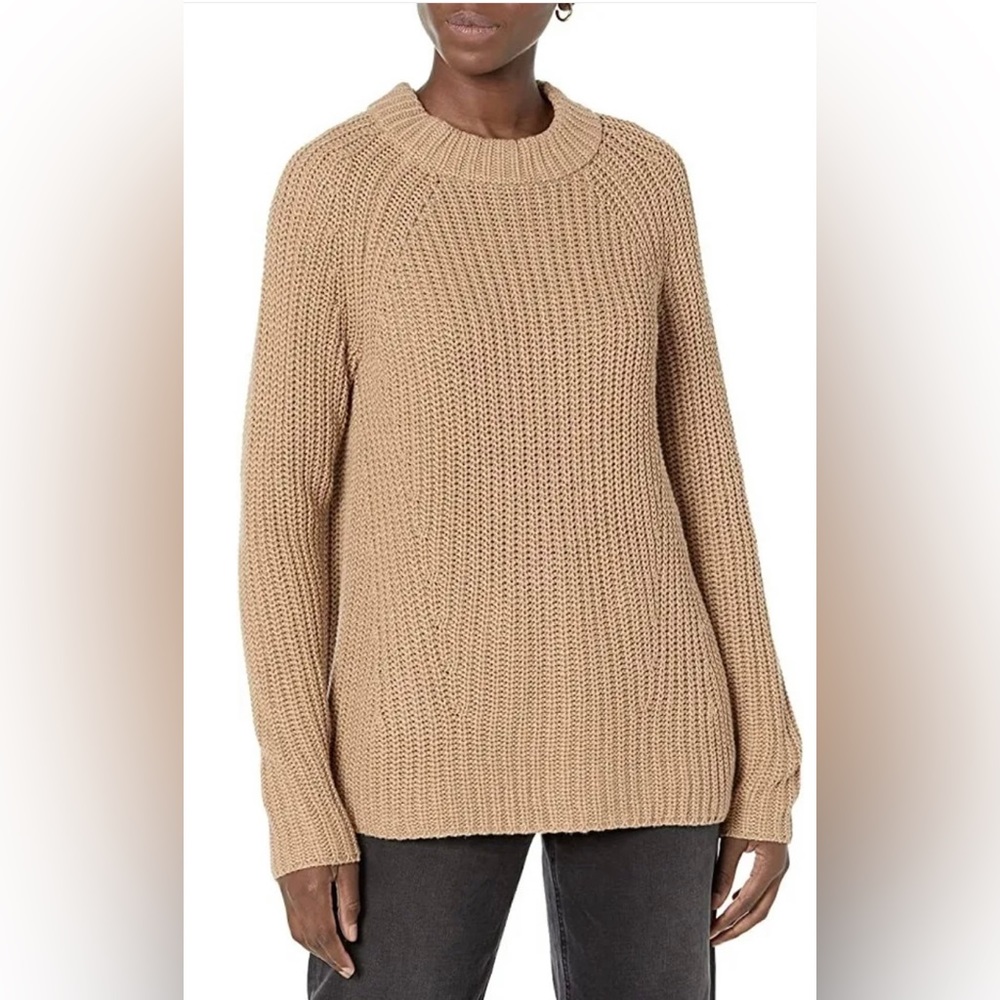 Goodthreads Women's Relaxed-Fit Cotton Shaker Stitch Mock Neck Sweater, Camel, L